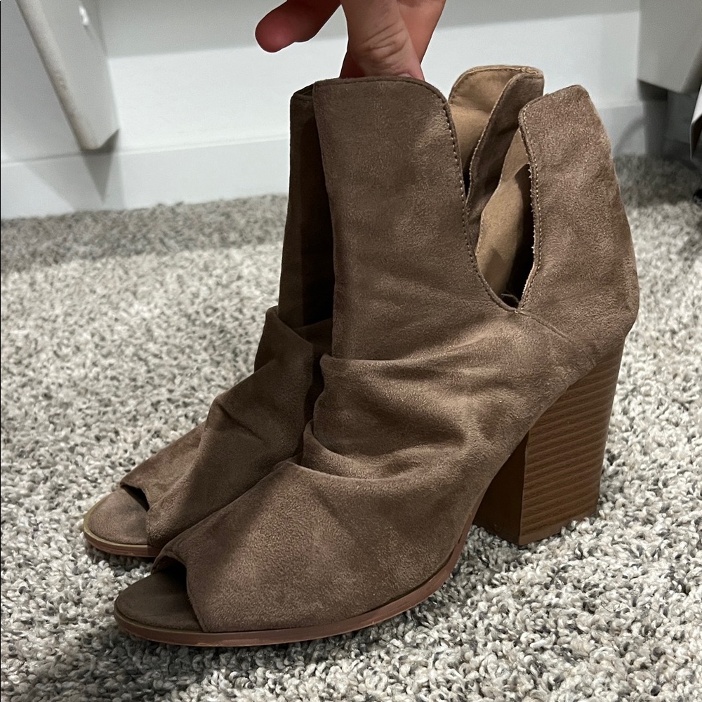 Brown Suede Peep-Toe Ankle Boots